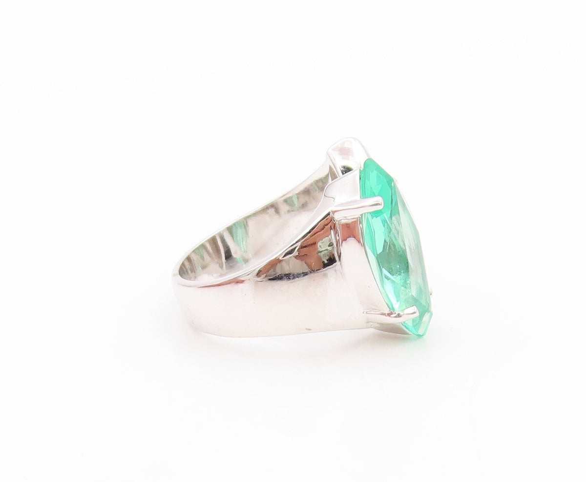 925 Sterling Silver Vintage Ring Modernist Green Marquise Cut CZ  Sz 8  RG32488