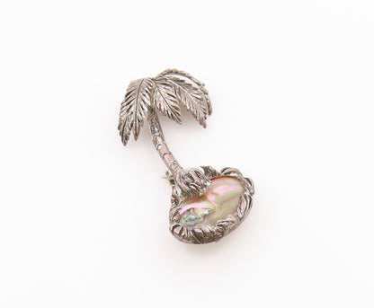 925 Sterling Silver  Vintage Abalone Shell Palm Tree Island Brooch Pin  BP4079