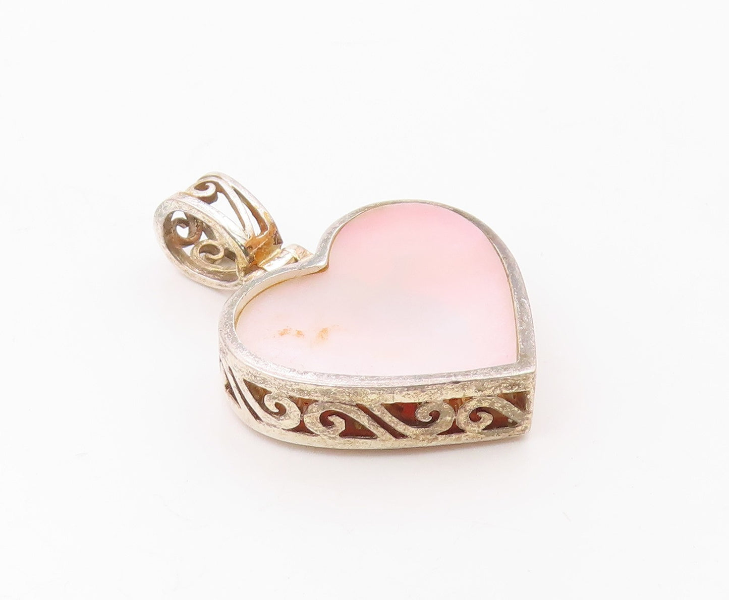 925 Sterling Silver  Vintage Pink Mother Of Pearl Love Heart Pendant  PT16479