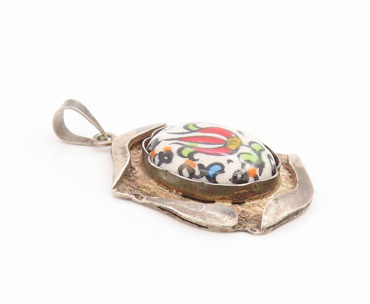 925 Sterling Silver Vintage Pendant Classic Ceramic Tulip Flower Charm  PT26108
