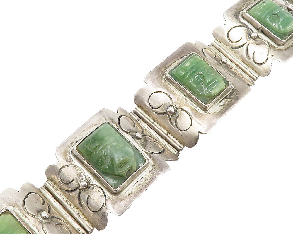 DAMASO GALLEGOS MEXICO 925 Silver  Vintage Jade Warrior Chain Bracelet  BT7607