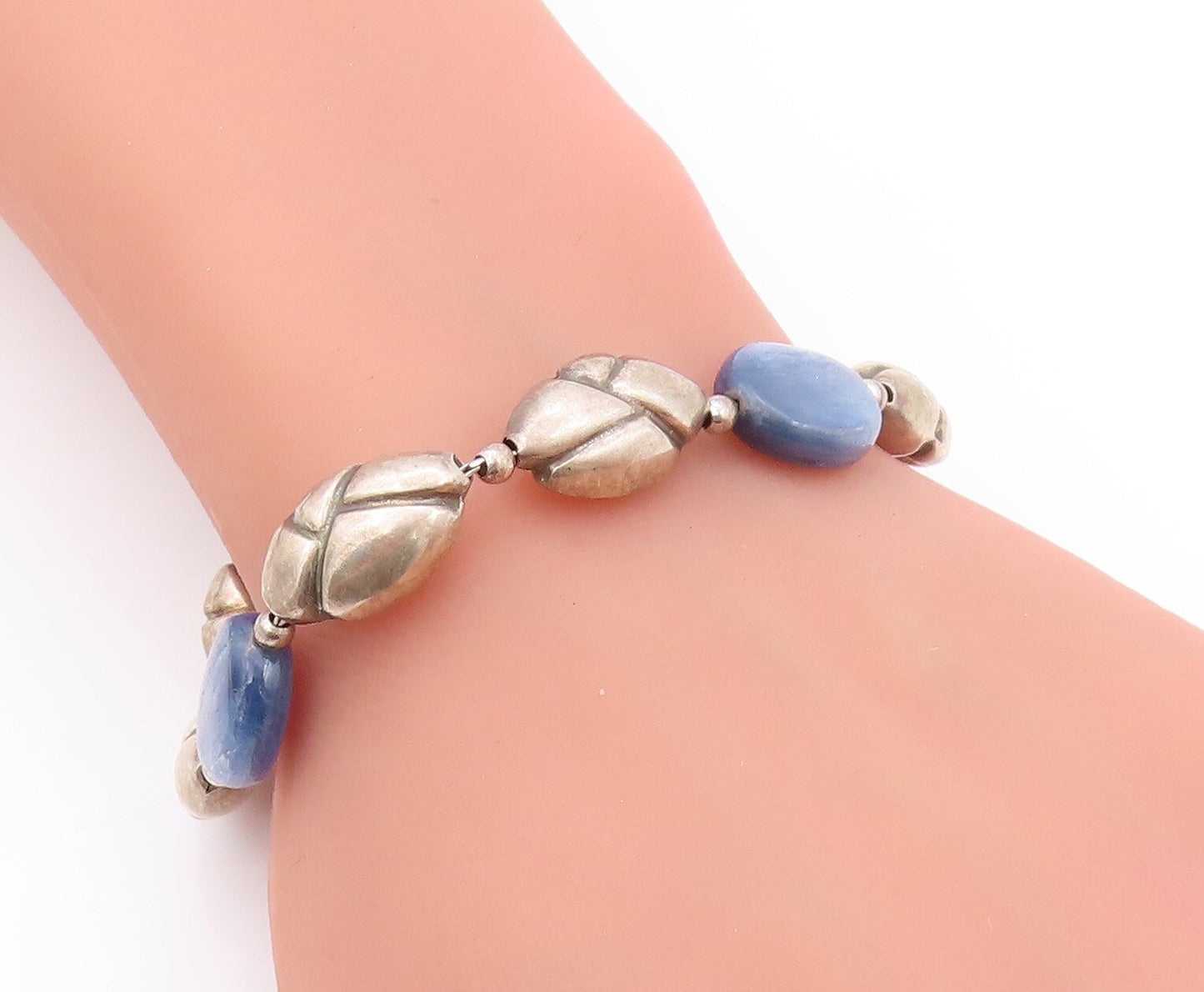 925 Sterling Silver Vintage Bracelet Round Gemstone Dark Tone Carved  BT11163