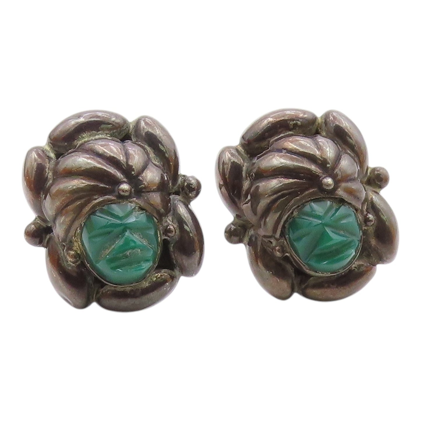 MEXICO 925 Sterling Silver Vintage Carved Warrior Green Onyx Cuff Links  TR3459