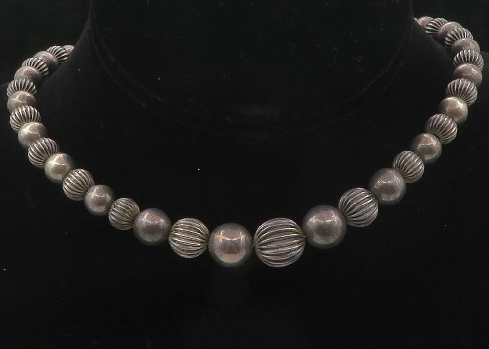 925 Sterling Silver Vintage Dark Tone Ball Beaded Chain Necklace  NE2020
