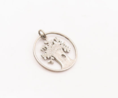 925 Sterling Silver Vintage Pendant Round Framed Solid Cutout Coin Tree  PT23157