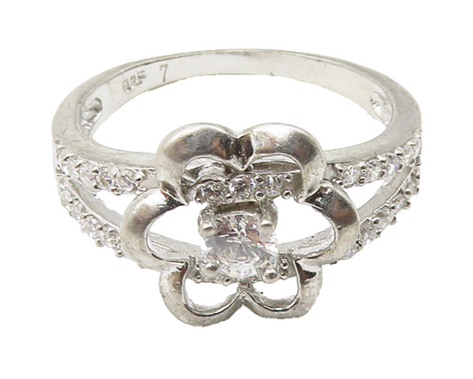 925 Sterling Silver  Cubic Zirconia Open Floral Motif Band Ring Sz 7  RG10362