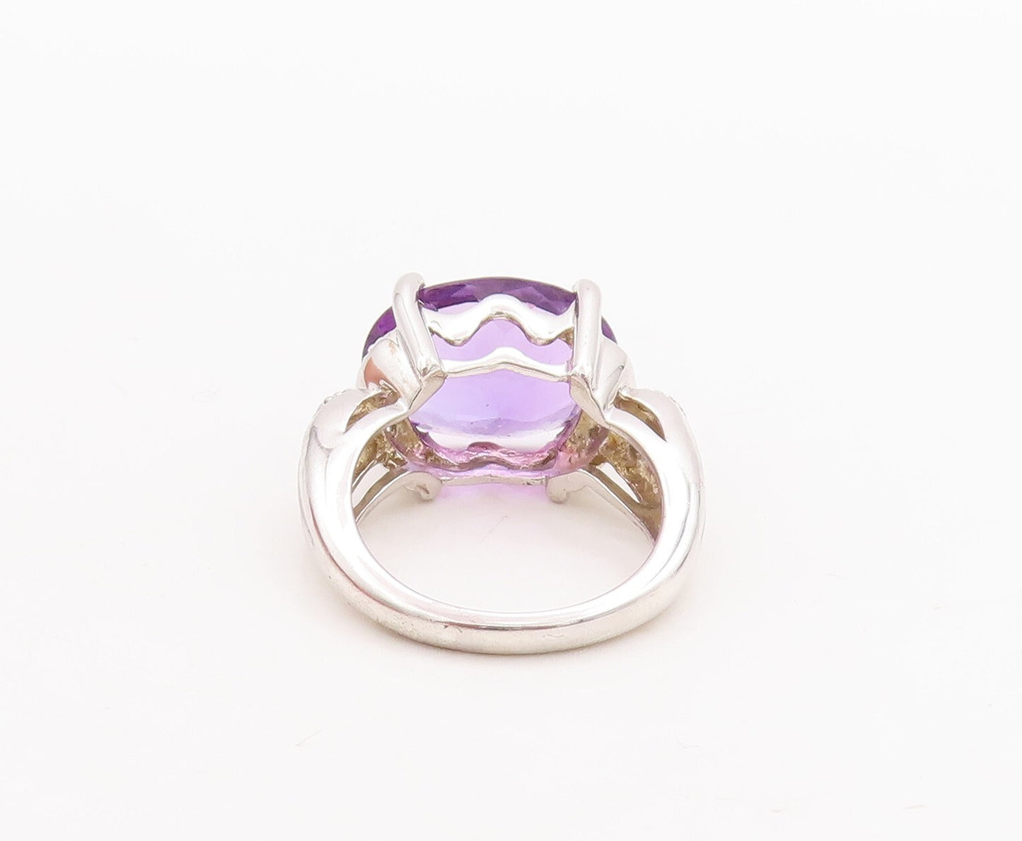 925 Sterling Silver Vintage Ring Oval Cut Amethyst Diamonds Inlay  Sz 7  RG29405