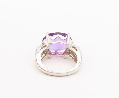 925 Sterling Silver Vintage Ring Oval Cut Amethyst Diamonds Inlay  Sz 7  RG29405