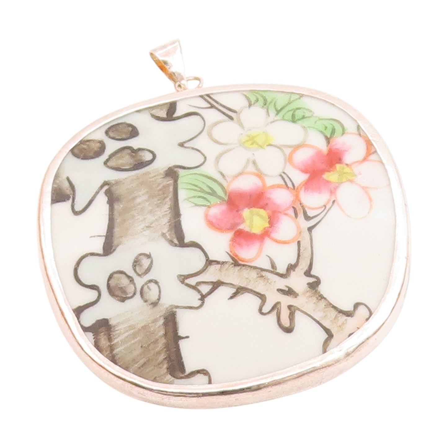 925 Sterling Silver Vintage Pendant Enamel Cherry Blossom Floral Branch  PT3510