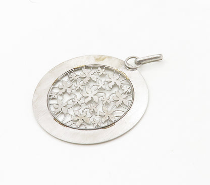 925 Sterling Silver  Vintage Shiny Open Floral Vine Round Pendant  PT12866