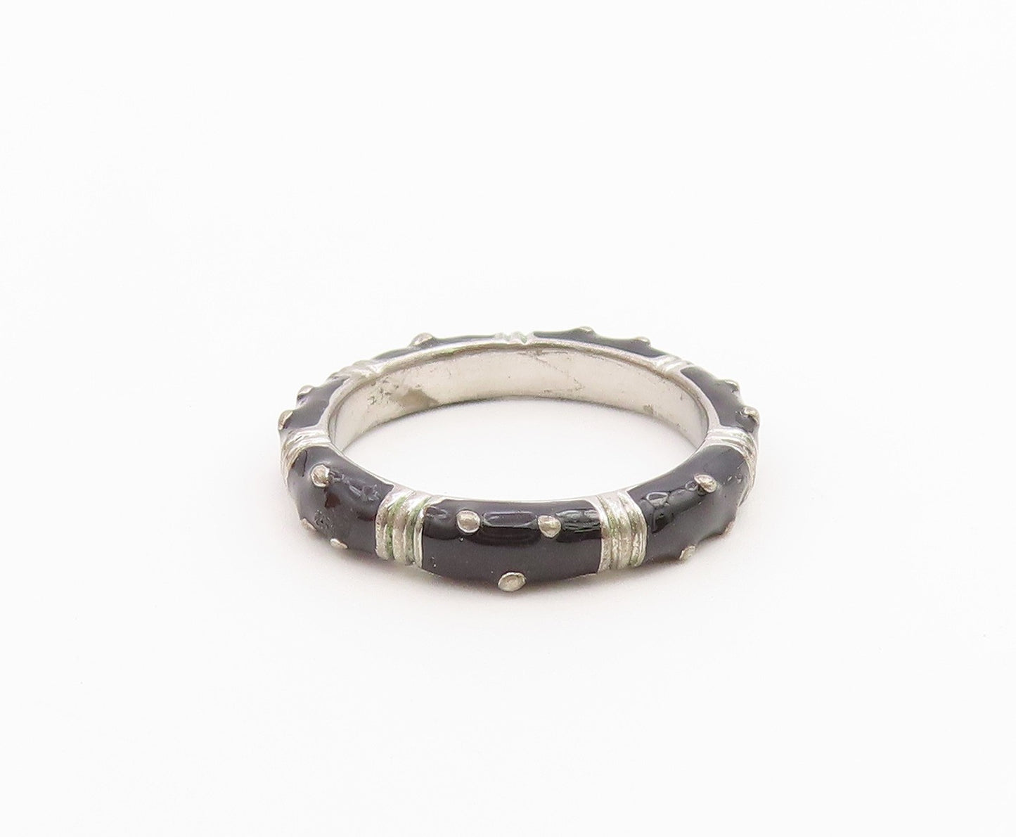 925 Sterling Silver Vintage Ring Modernist Enamel Studded Band  Sz 8  RG36720