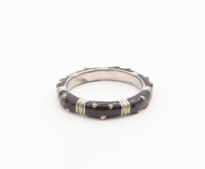 925 Sterling Silver Vintage Ring Modernist Enamel Studded Band  Sz 8  RG36720