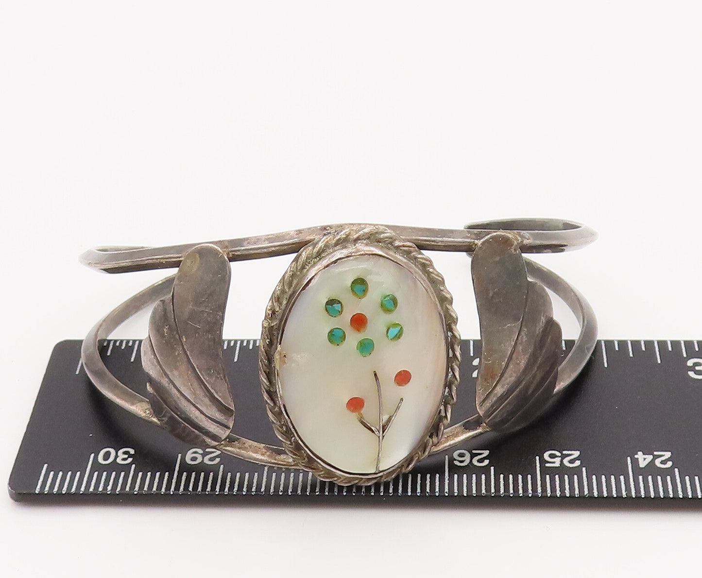 925 Sterling Silver Vintage Bracelet NAVAJO ZUNI Mother Of Pearl Flower  BT10165