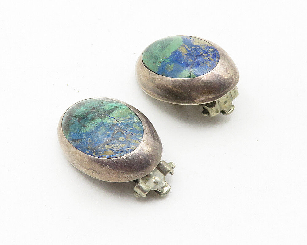 MEXICO 925 Sterling Silver  Vintage Azurite Non Pierce Drop Earrings  EG5640