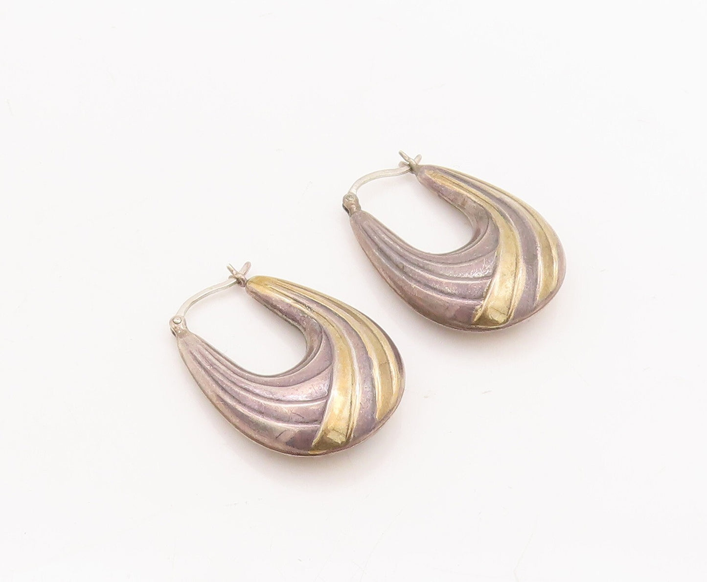 14k Gold 925 Sterling Silver Vintage Earrings Modernist Grooved U Hoop  EG13123
