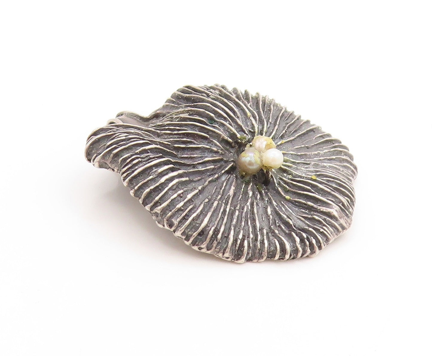925 Sterling Silver Vintage Brooch ISRAEL Pearl Dark Tone Ribbed Leaf  BP11860