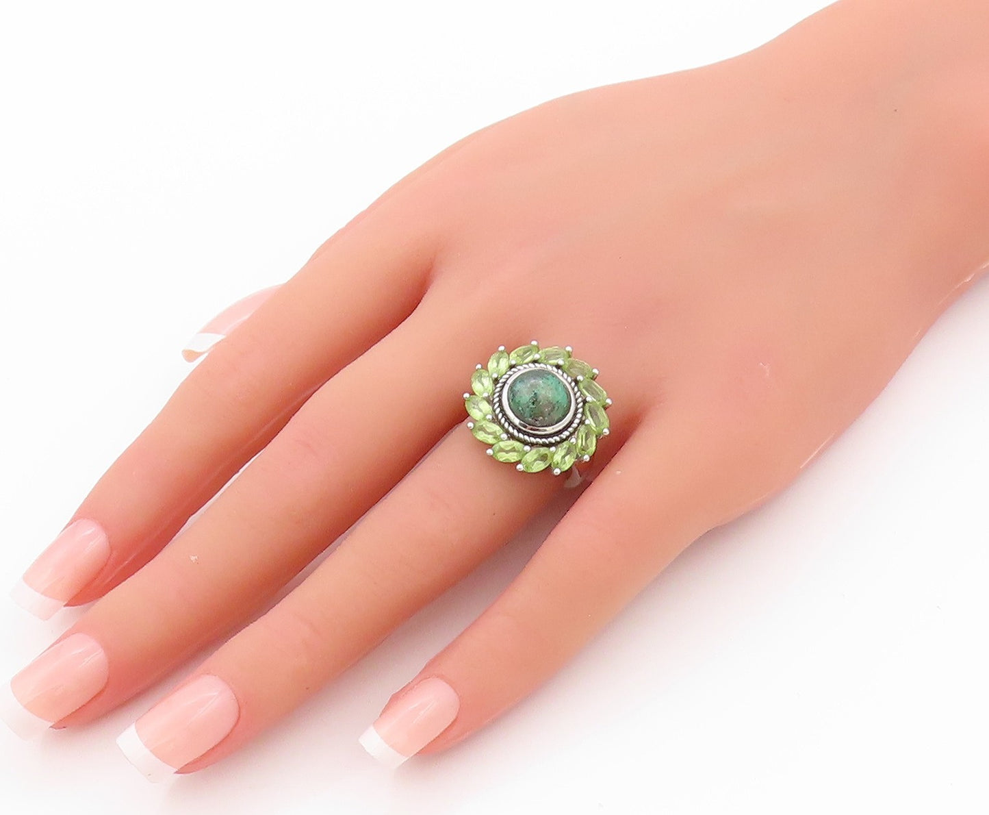 925 Sterling Silver Vintage Ring Eilat Halo Peridot Roped Flower Sz 5.5  RG32349