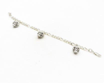 925 Sterling Silver  Vintage Shiny Skull Head Charmed Chain Bracelet  BT4150