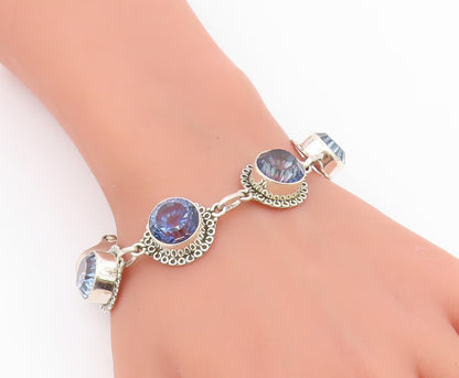 925 Sterling Silver Faceted Blue Topaz Shiny Floral Chain Bracelet BT3815