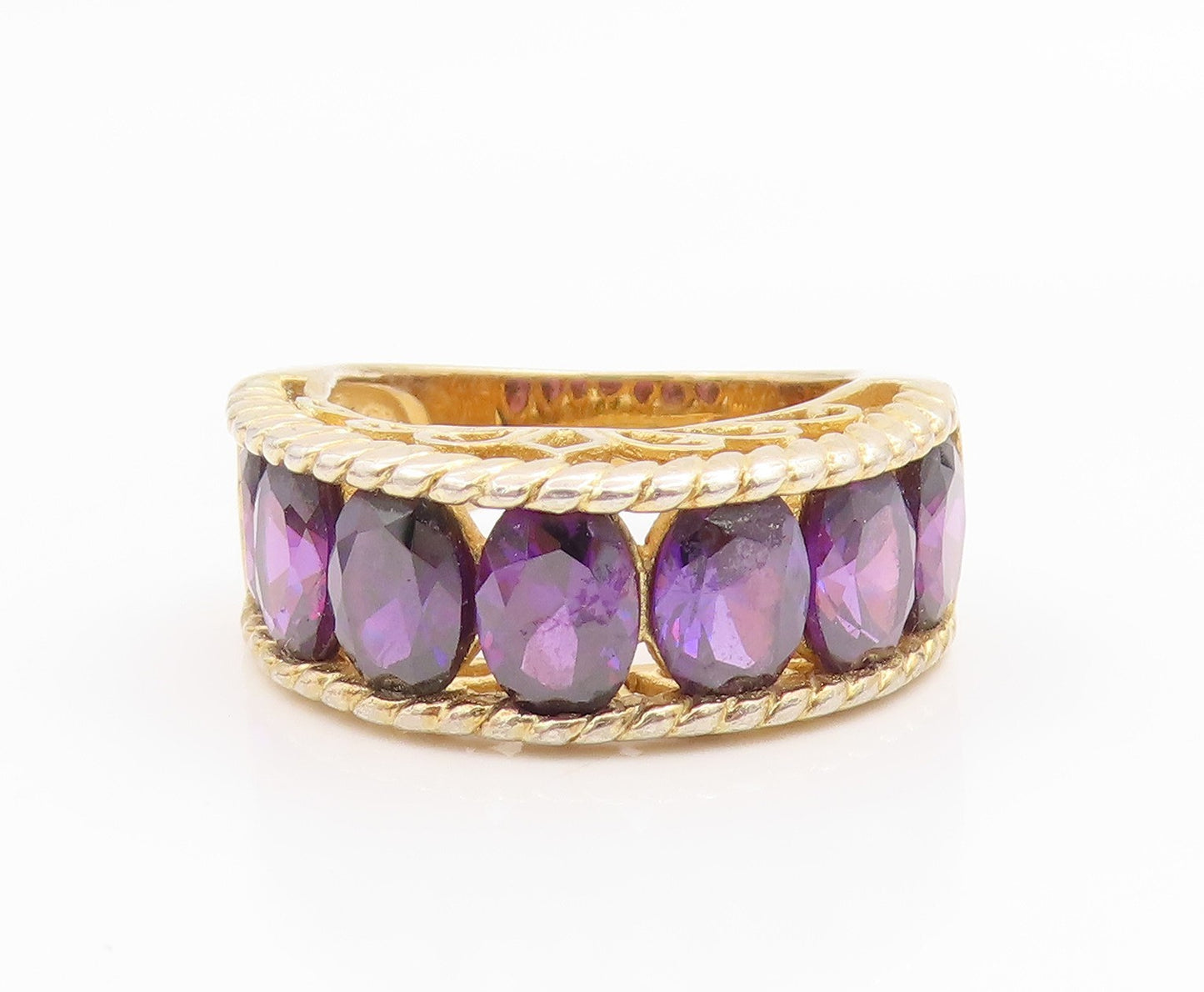 925 Sterling Silver Vintage Ring Gold Plated Oval Cut Amethyst Band Sz 7 RG35687