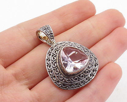 925 Sterling Silver - Vintage Pink Topaz Swirl Border Drop Pendant - PT4852