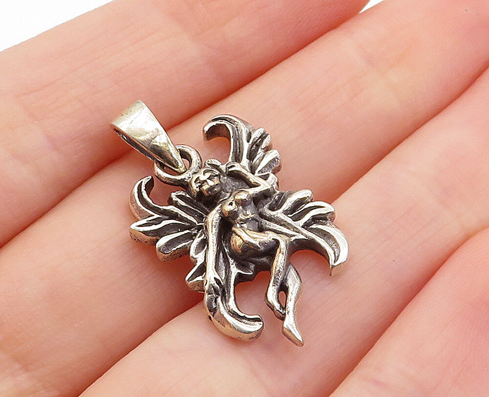 925 Sterling Silver Vintage Dark Tone Petite Flying Fairy Lady Pendant PT5435