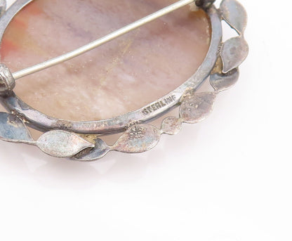925 Sterling Silver Vintage Brooch Pin Gemstone Halo Carved Leaf Frame  BP10867