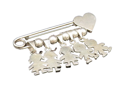 925 Sterling Silver Vintage Bead Ball & Children Charm Heart Safety Pin BP9637