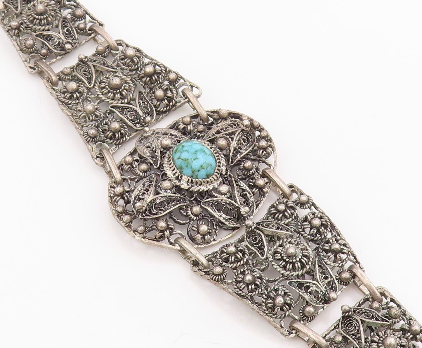 925 Sterling Silver Vintage Bracelet Turquoise Intricate Floral Filigree BT11710
