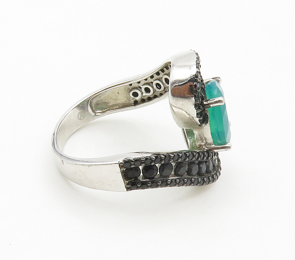 925 Sterling Silver  Green Stone & Black Hematite Bypass Ring Sz 6  RG15260