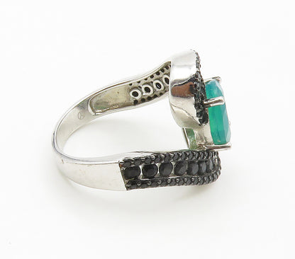 925 Sterling Silver  Green Stone & Black Hematite Bypass Ring Sz 6  RG15260