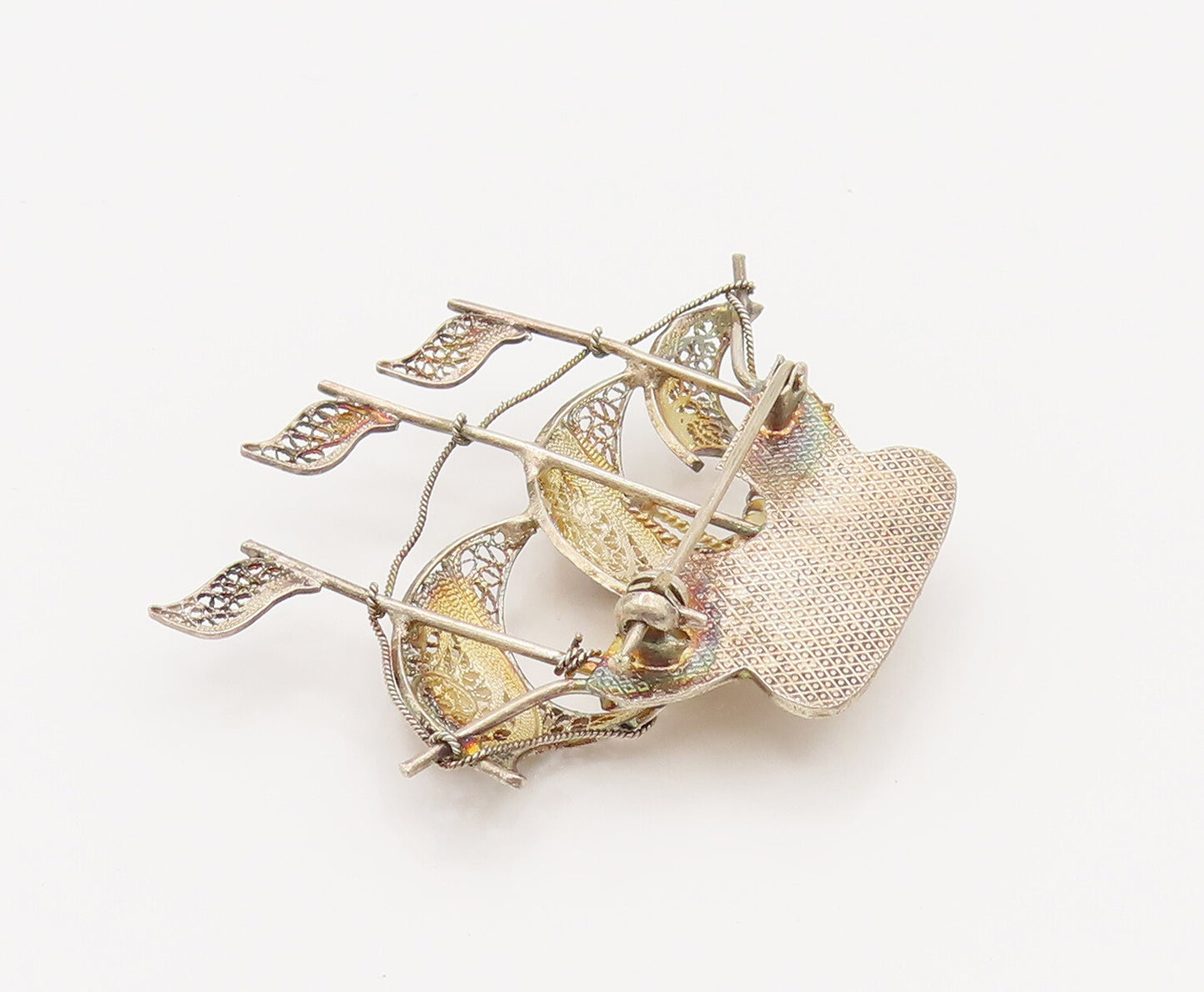 925 Silver  Vintage Enamel Cross Filigree Sailboat Ship Brooch Pin  BP10155