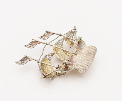 925 Silver  Vintage Enamel Cross Filigree Sailboat Ship Brooch Pin  BP10155