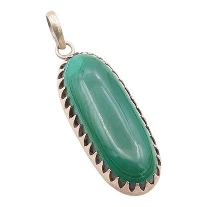 925 Sterling Silver  Vintage Cabochon Cut Malachite Oblong Pendant  PT16351