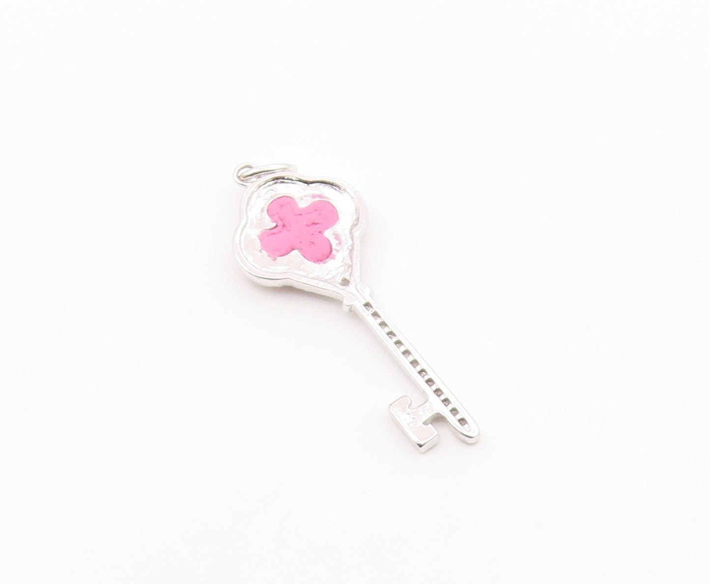 925 Sterling Silver  Vintage Pink Crystal & Topaz Key Motif Pendant  PT17410