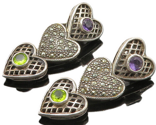 925 Silver  Vintage Peridot Amethyst & Marcasite Heart Drop Earrings  EG10438