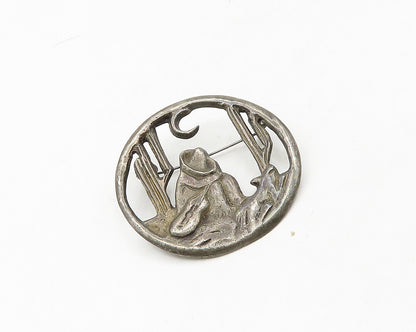 MEXICO 925 Sterling Silver  Vintage Dark Tone Man in Desert Brooch Pin  BP7403