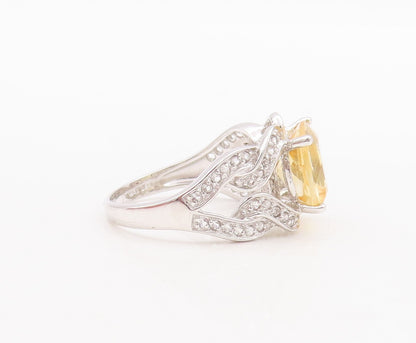 925 Sterling Silver Vintage Ring Carved Square Citrine & Topaz  Sz 7.5  RG29519