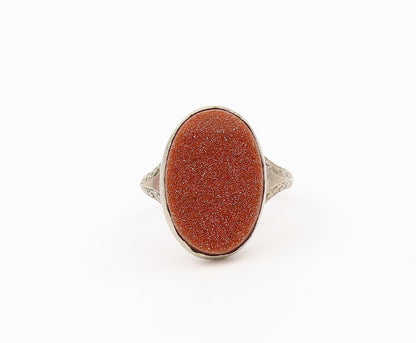 925 Sterling Silver Vintage Ring Oval Goldstone Statement Band  Sz 5  RG36600
