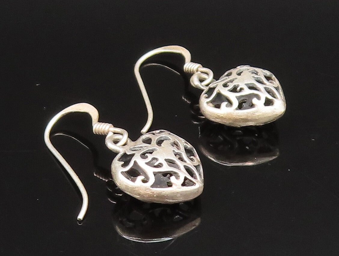 925 Sterling Silver  Vintage Open Scroll Love Heart Dangle Earrings  EG11704