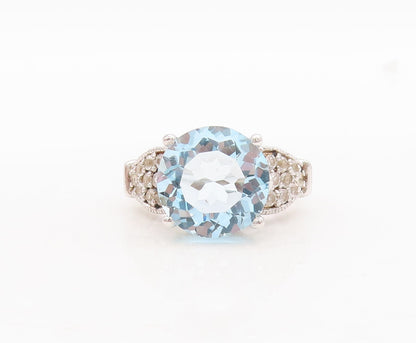 925 Sterling Silver Vintage Ring Floral Carved Blue & White Topaz  Sz 7  RG29648