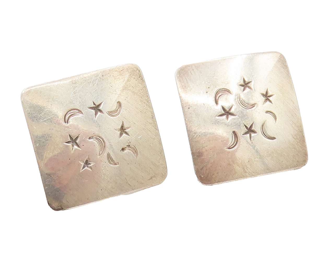 925 Sterling Silver Vintage Engraved Crescent Moon Stars Square Earrings EG12352