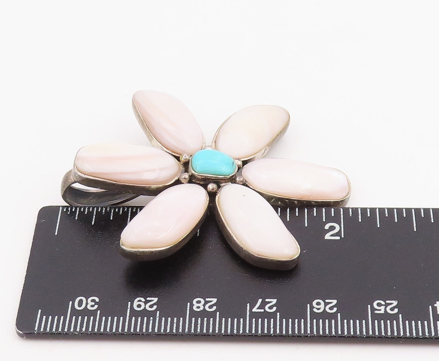 925 Sterling Silver Vintage Pendant Mother OF Pearl & Turquoise Flower  PT25875