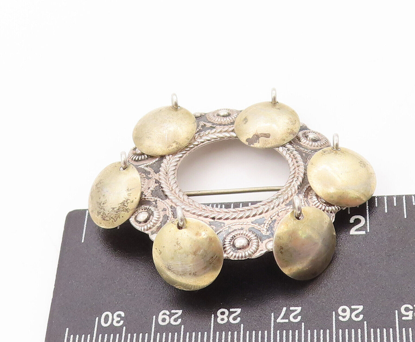 925 Sterling Silver Vintage Brooch Pin Europe Carved Ring Dangling Coins BP10892