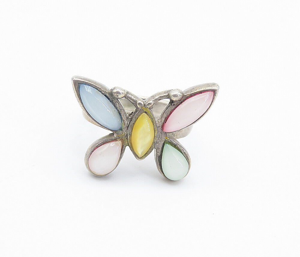 925 Silver  Vintage Mother Of Pearl Butterfly Cocktail Ring Sz 5.5  RG8419