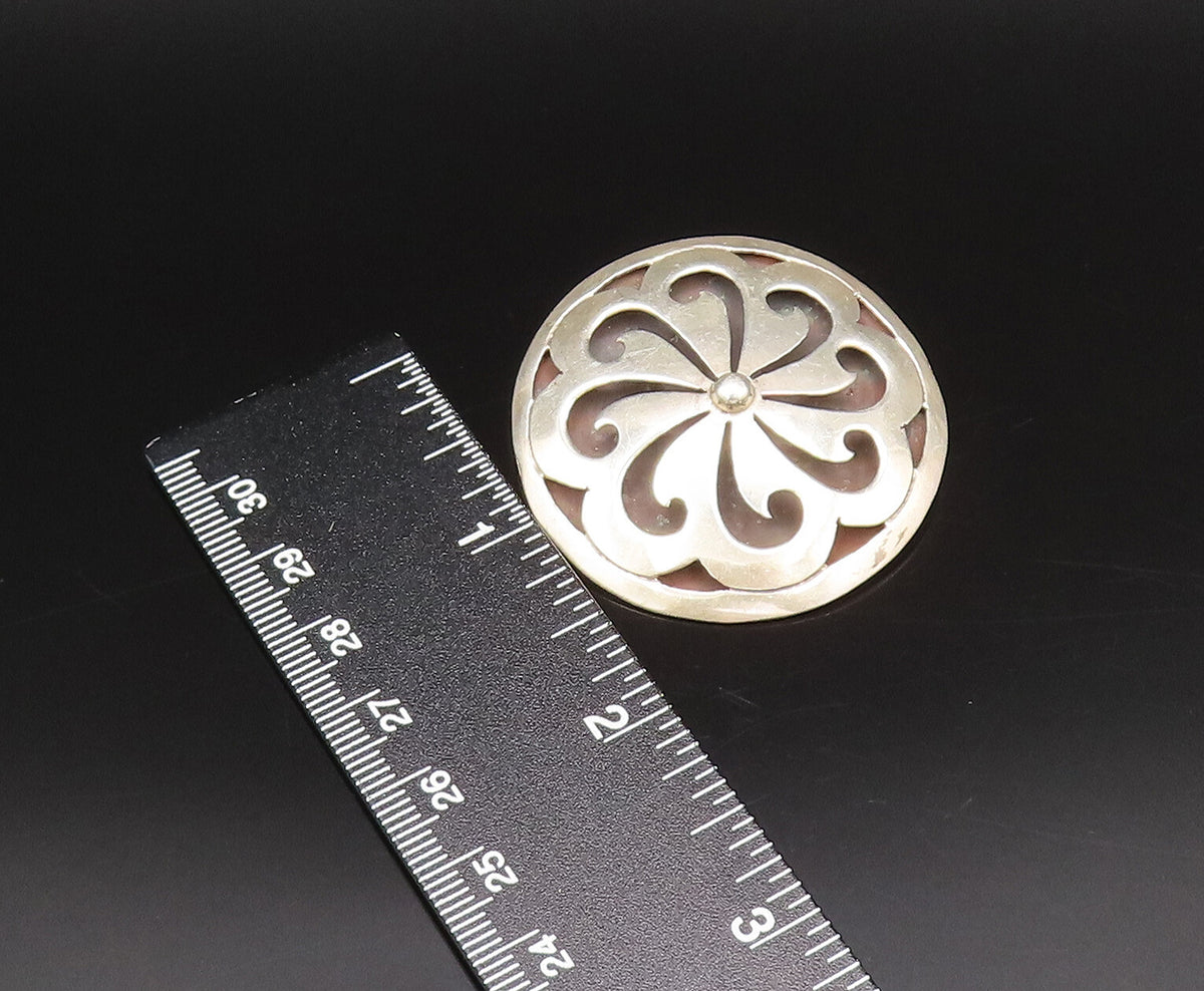 MEXICO 925 Silver  Vintage Carved Floral Spiral Pinwheel Brooch Pin  BP10089