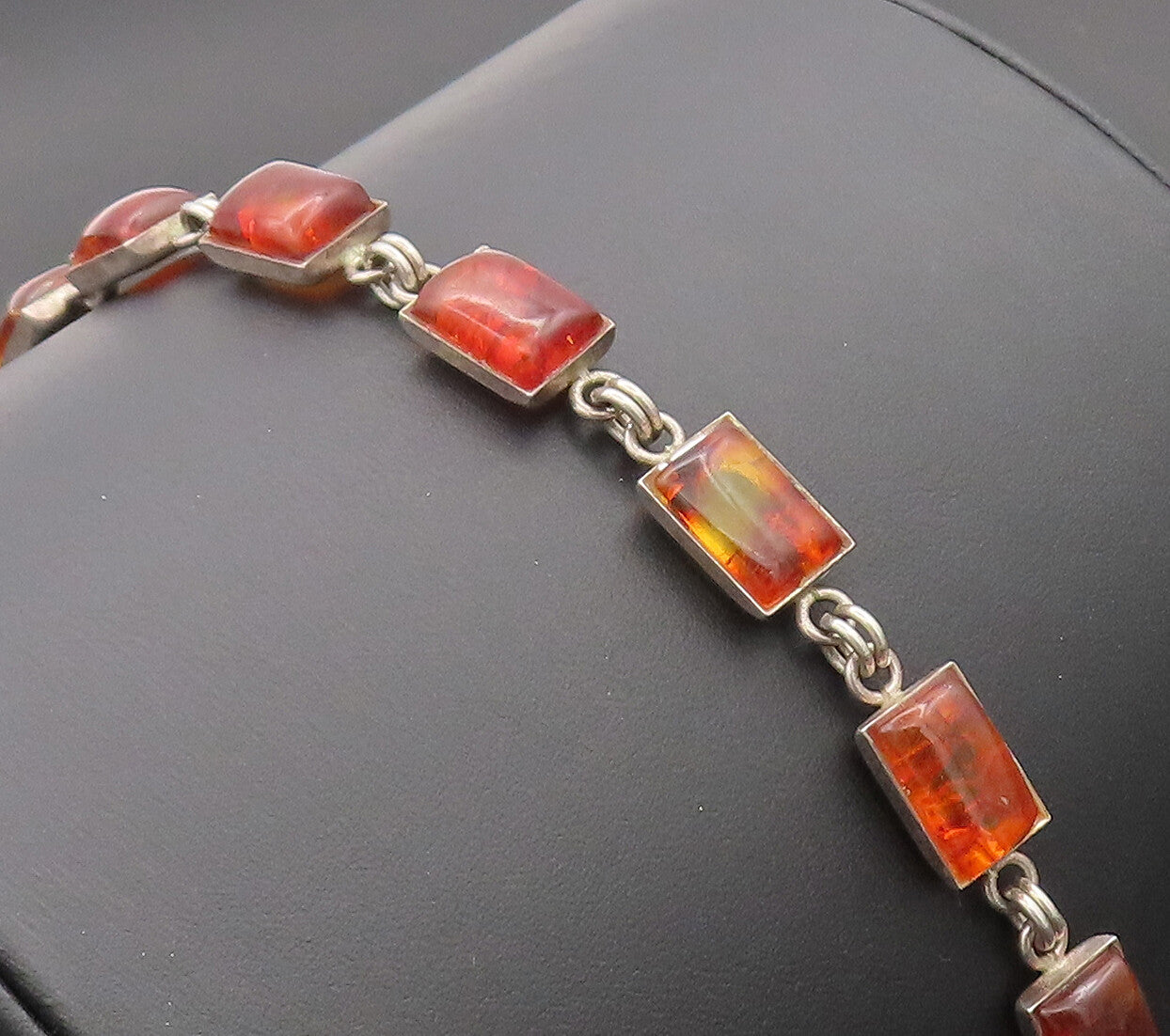925 Sterling Silver Vintage Bracelet Solid Rectangular Linked Amber   BT10267