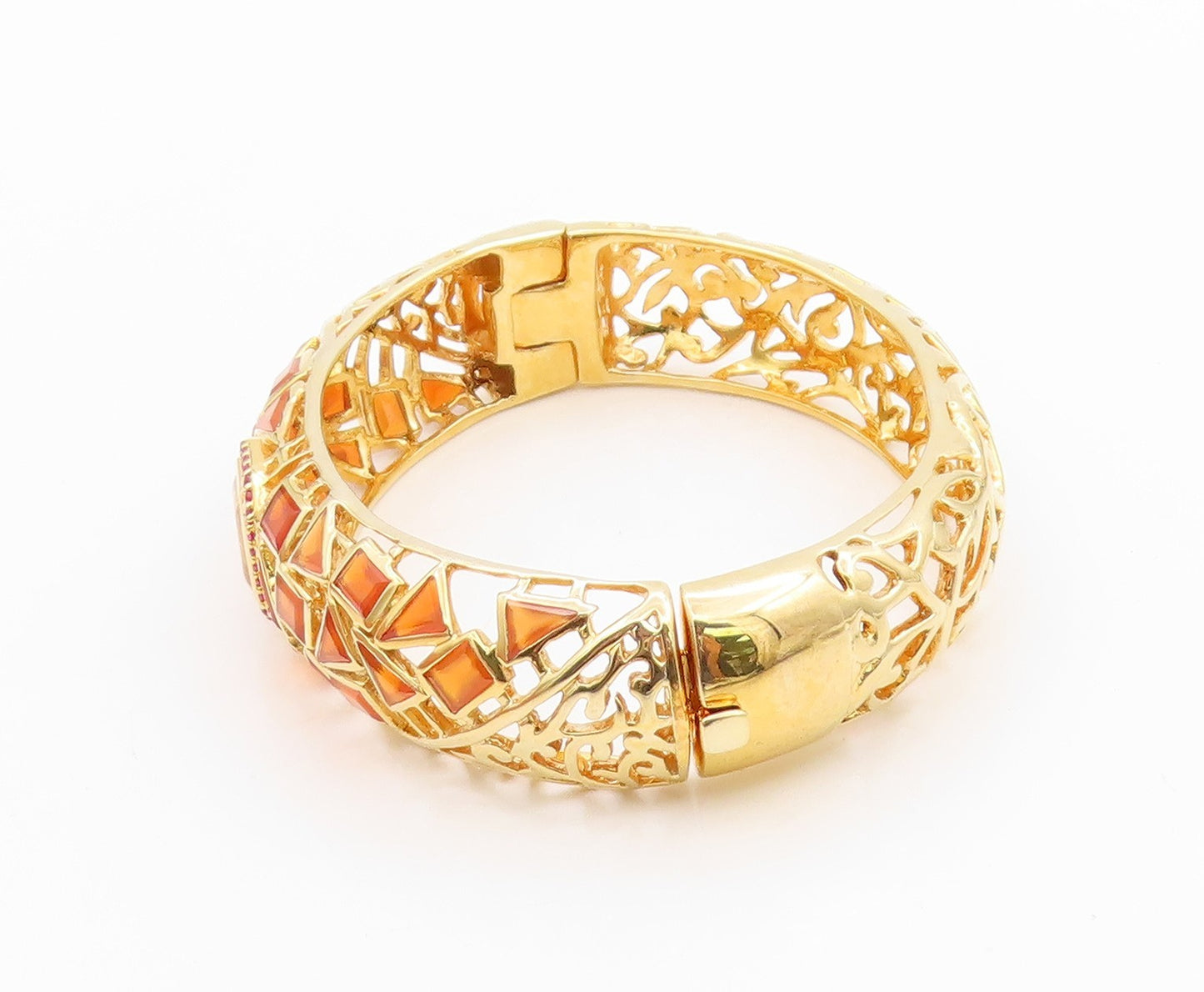 925 Sterling Silver Vintage Bracelet Gold Plated Ruby & Citrine Bangle BT11336