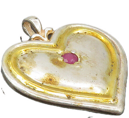925 Sterling Silver  Vintage Petite Ruby Two Tone Love Heart Pendant  PT7420