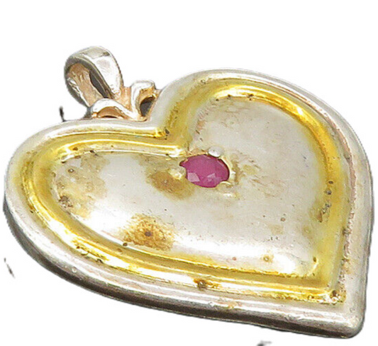 925 Sterling Silver  Vintage Petite Ruby Two Tone Love Heart Pendant  PT7420